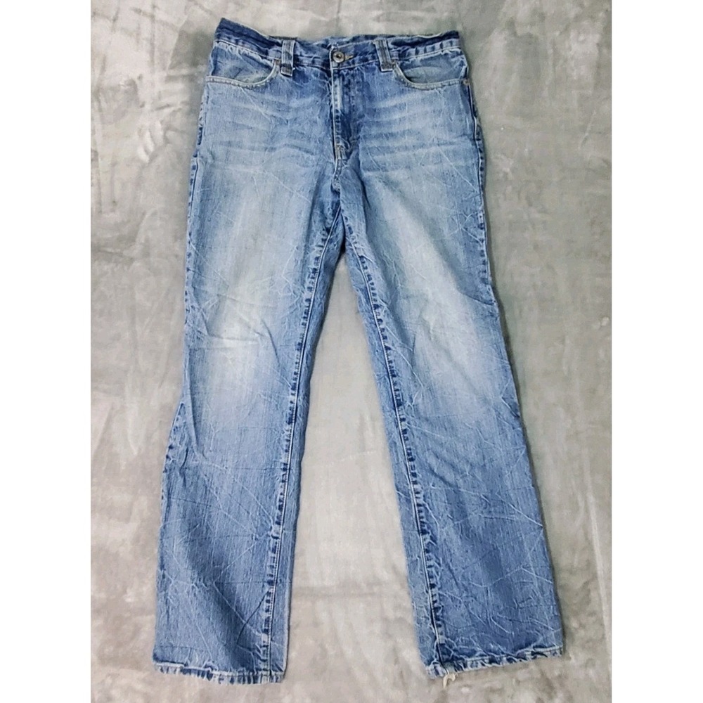 Machine Mens Straight Leg Distressed Embroidered Blue Denim Jeans W32‎ L32